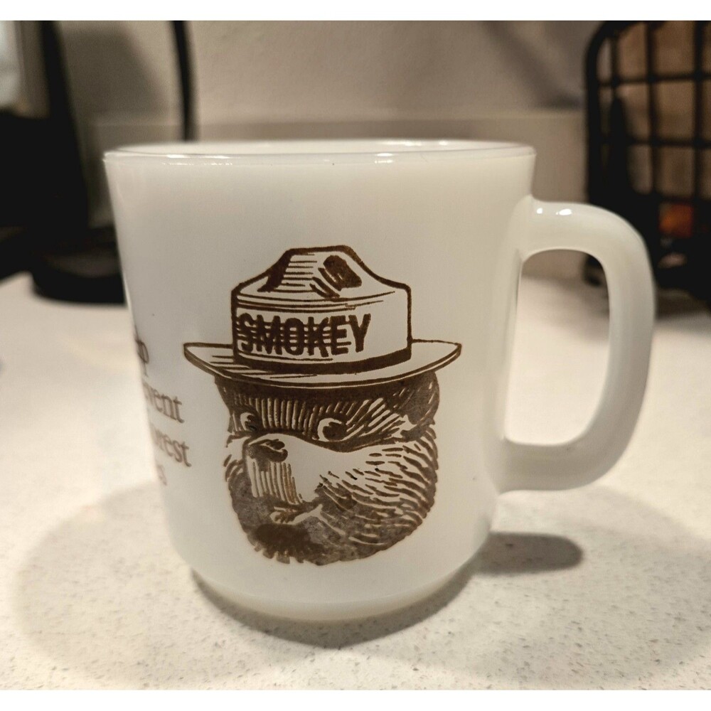 Vintage "Smokey The Bear" Milk Glass Coffee Mug "Help Prevent Forest Fires!"